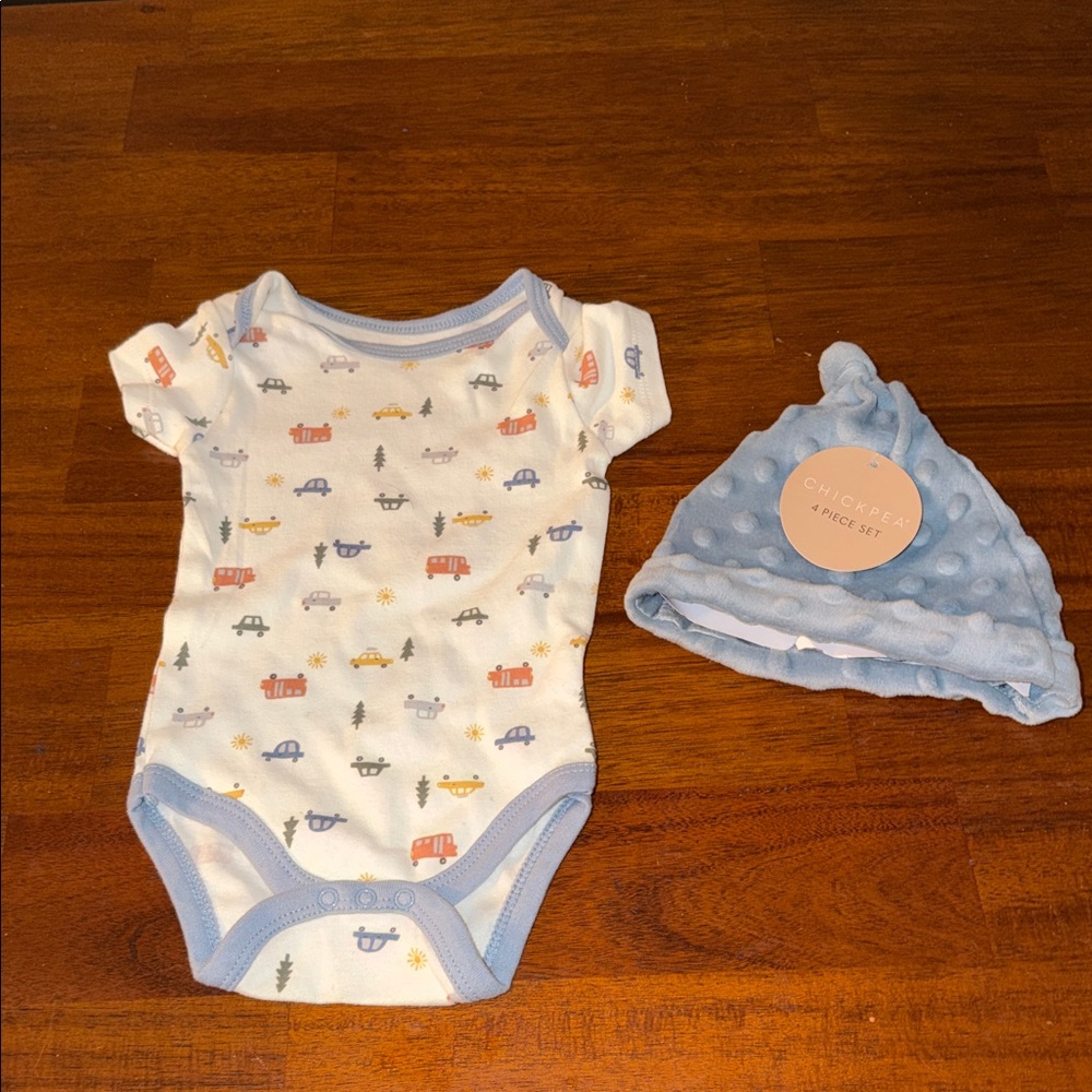 Chick Pea infant 6-9 months one piece bodysuit and hat. NWT. Cars and design.